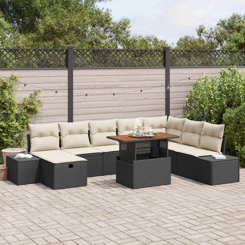 Garten-Sofa-Set mit Kissen 9 pcs Schwarz Poly Rattan
